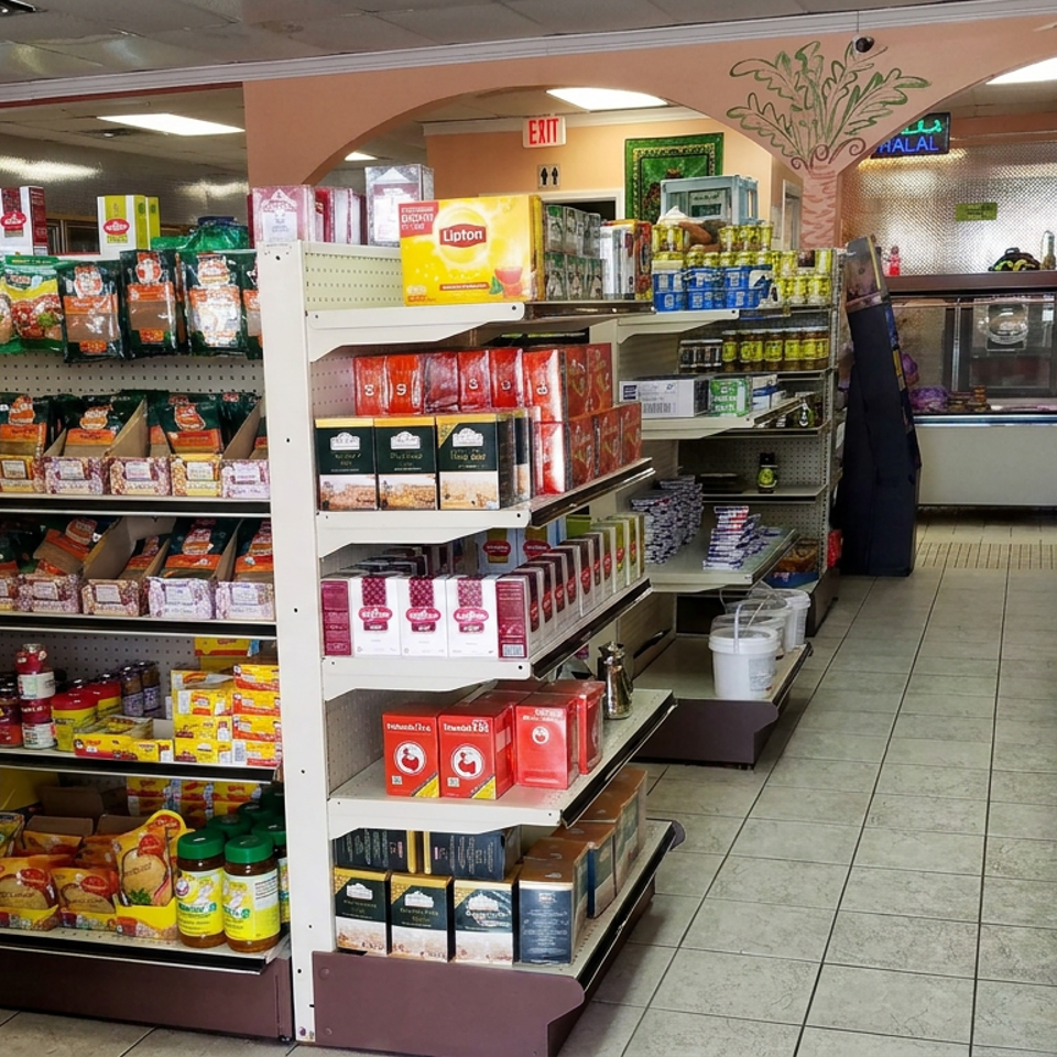 Shelves stocked with teas, spices, packaged foods, beverages, and household groceries inside a brightly lit halal market.