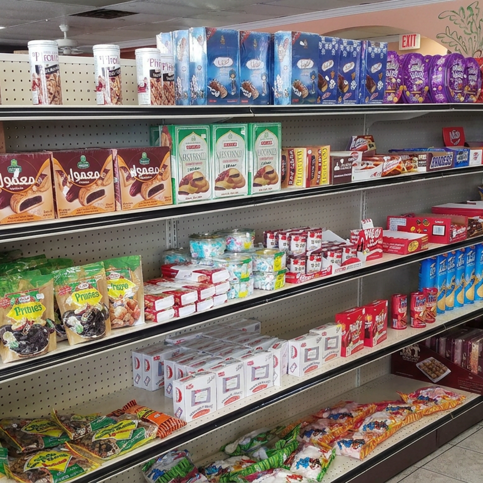 Grocery store shelves display assorted international cookies, candies, chocolates, dried fruit, and packaged snacks.