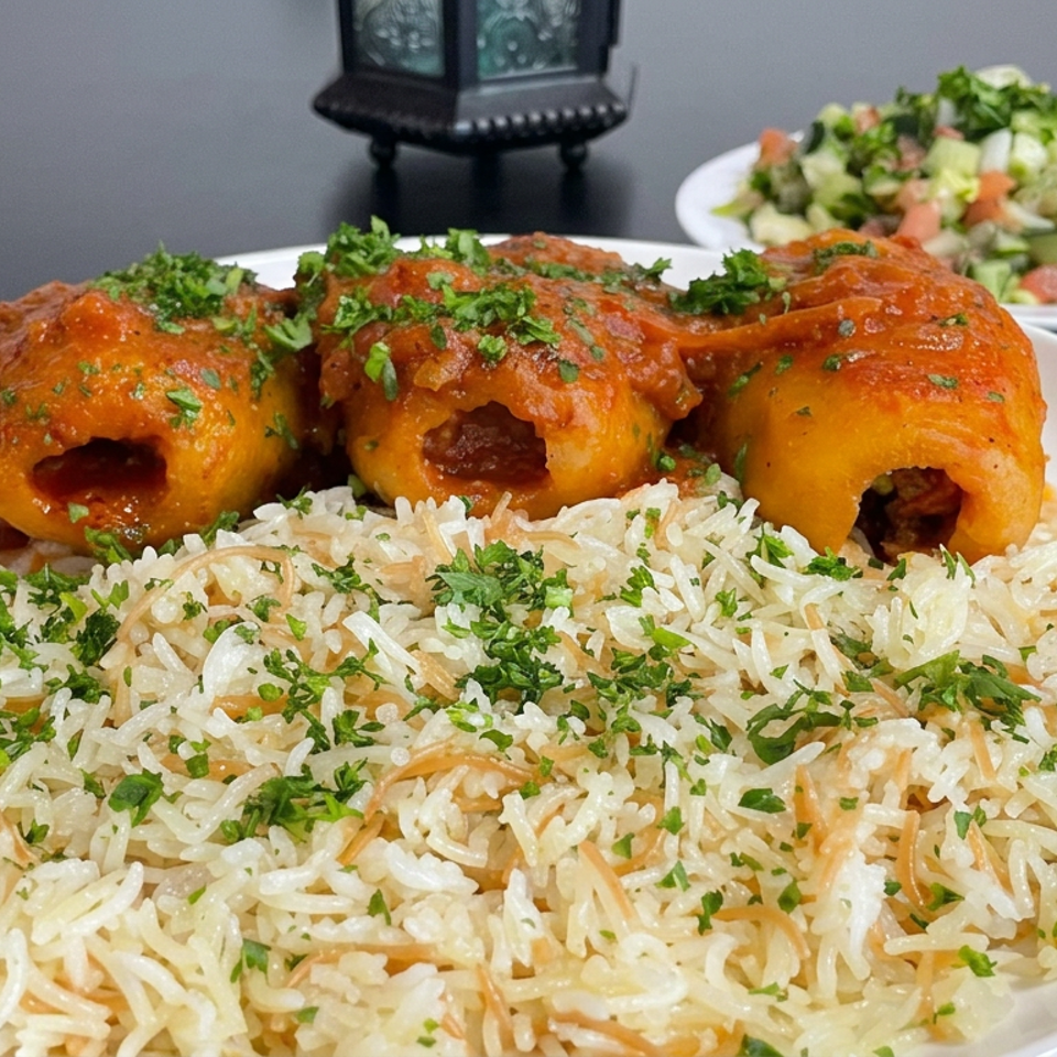 Plate of herb-garnished rice topped with three orange-sauced stuffed vegetables, with a fresh chopped salad in the background.