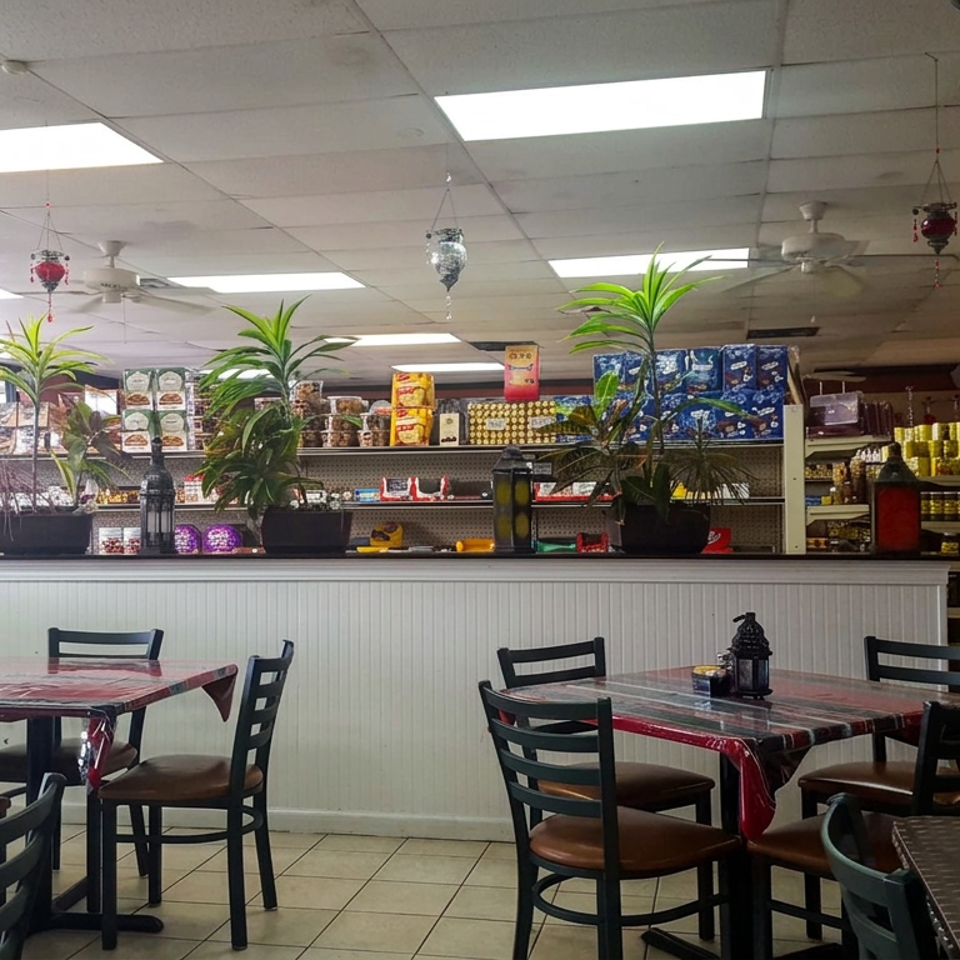 Bright restaurant dining area with tiled floors, black chairs, decorated tables, plants, and shelves stocked with packaged foods.