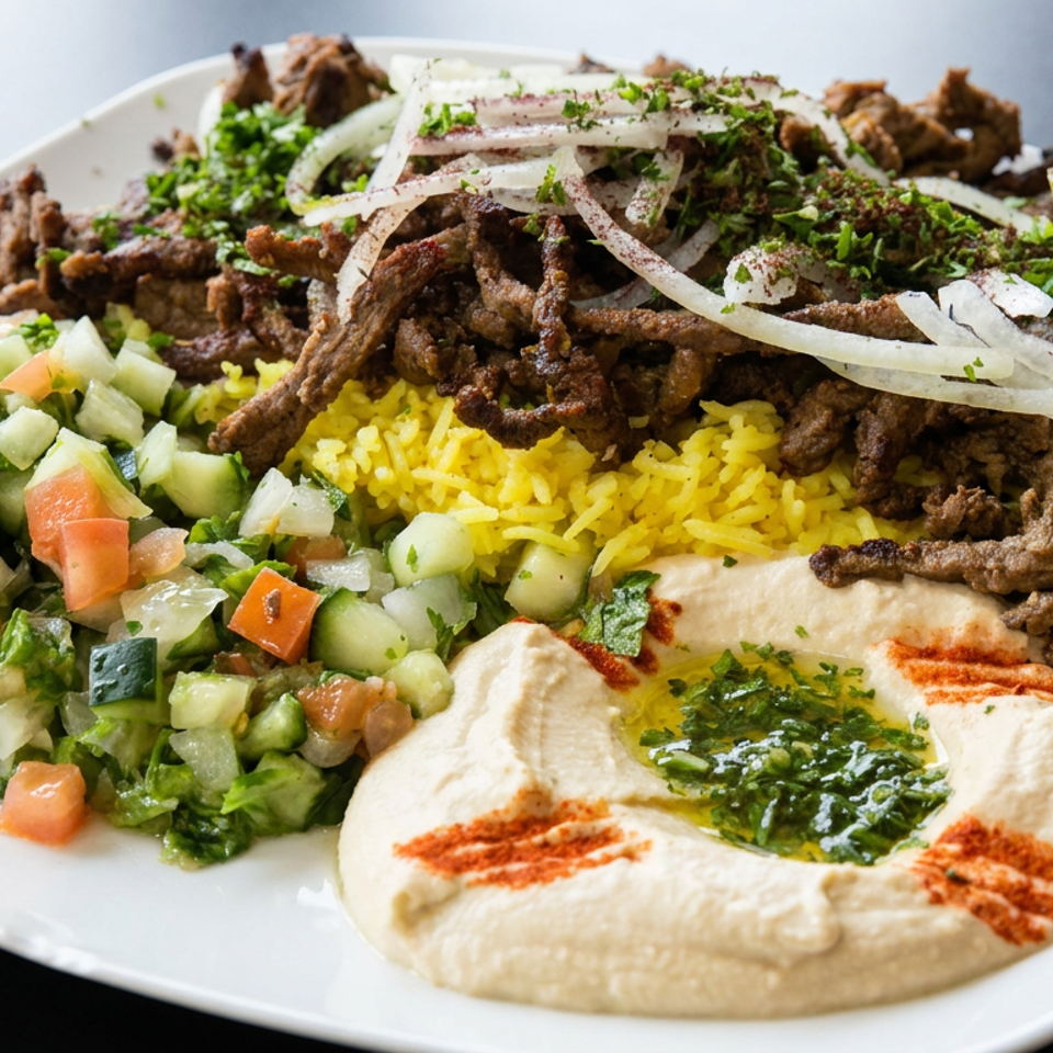 Mediterranean platter with spiced beef, yellow rice, chopped salad, hummus, onions, and fresh herbs on a white plate.